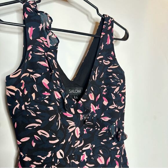 Saloni silk Aggie midi dress patterned with ruffles in navy blue and pink size 2 - Picture 2 of 8